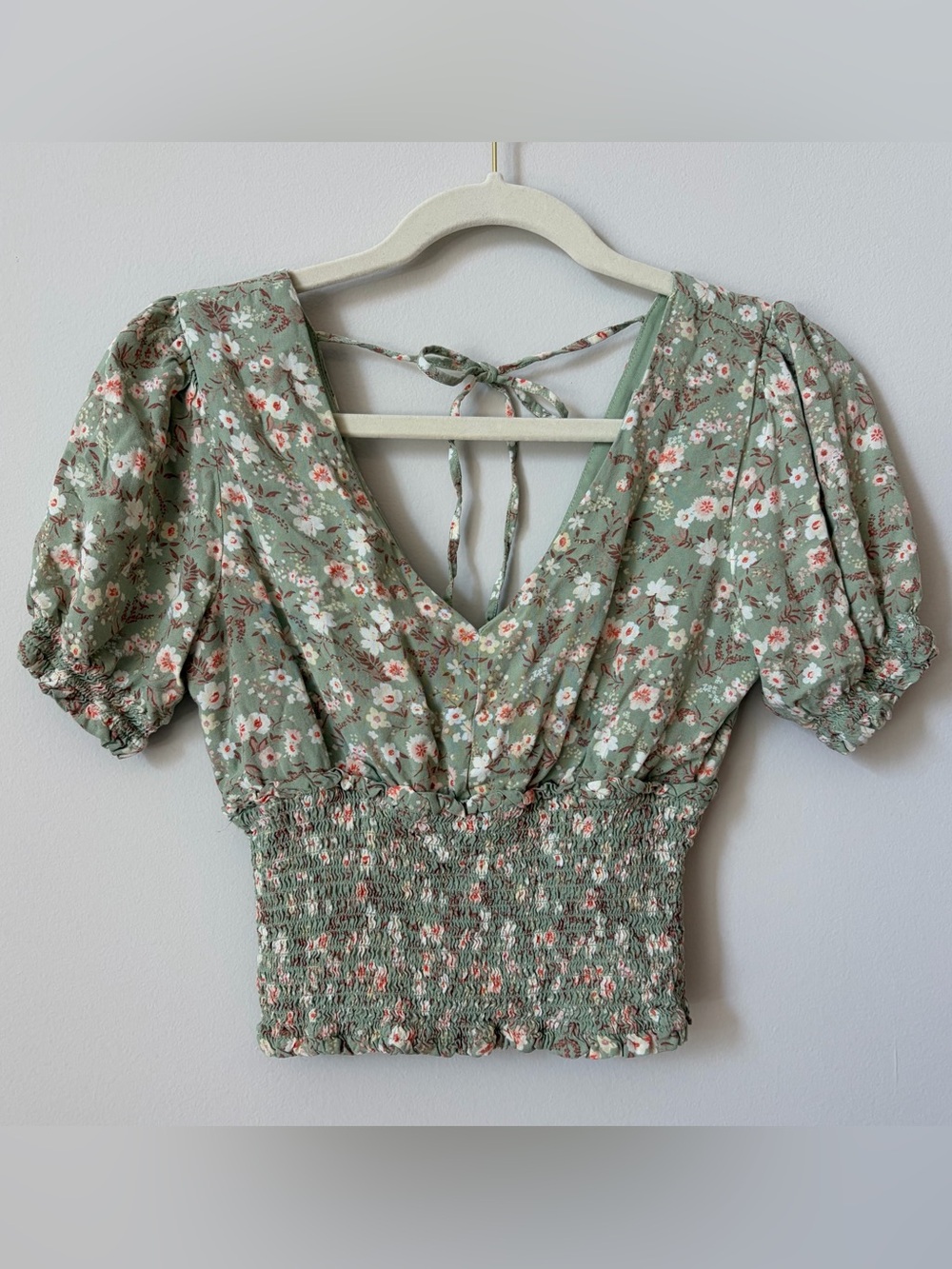 Sage Floral Ruched Puff Sleeve Top